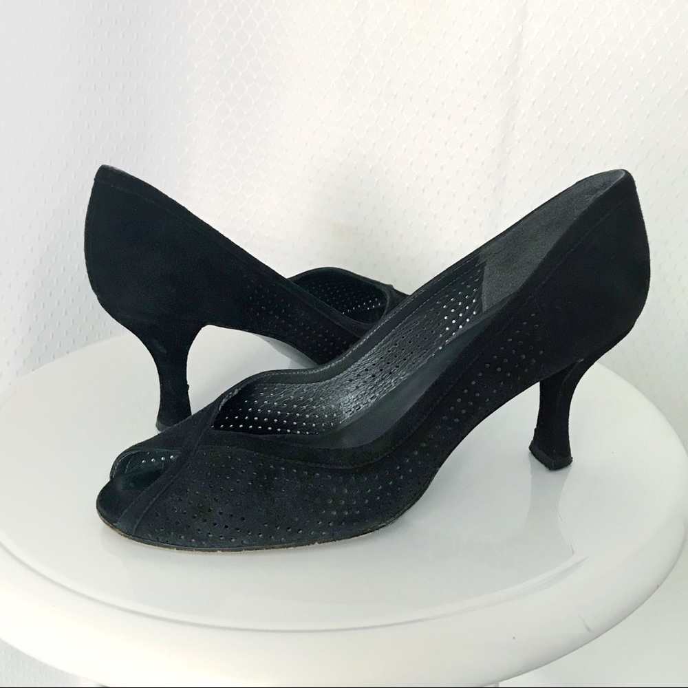 Stuart Weitzman black suede peep toe heels